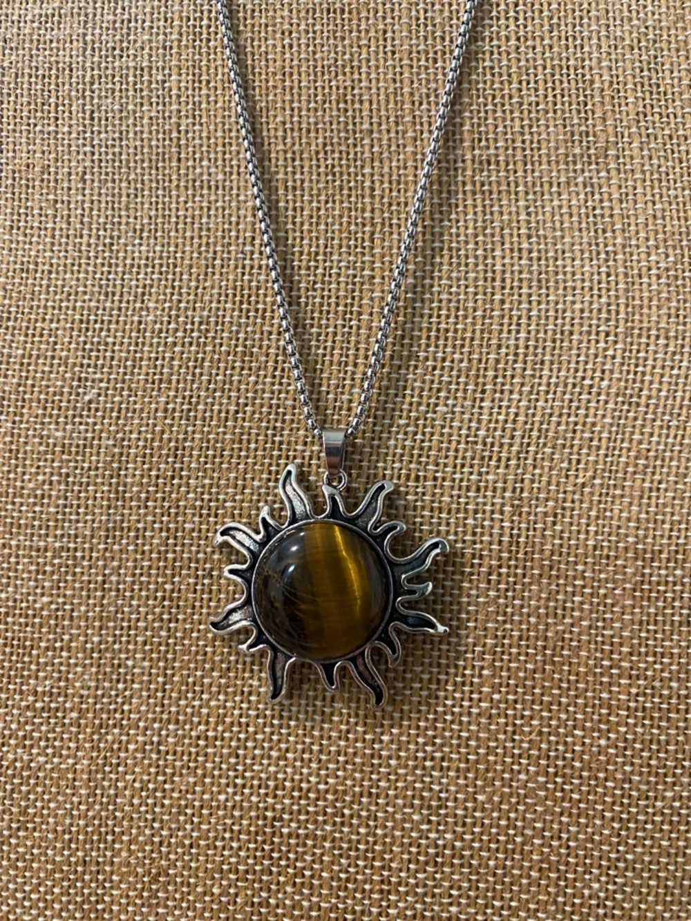 Sunburst Tiger's Eye healing stone Pendant Necklace - Silver Tone /20” chain